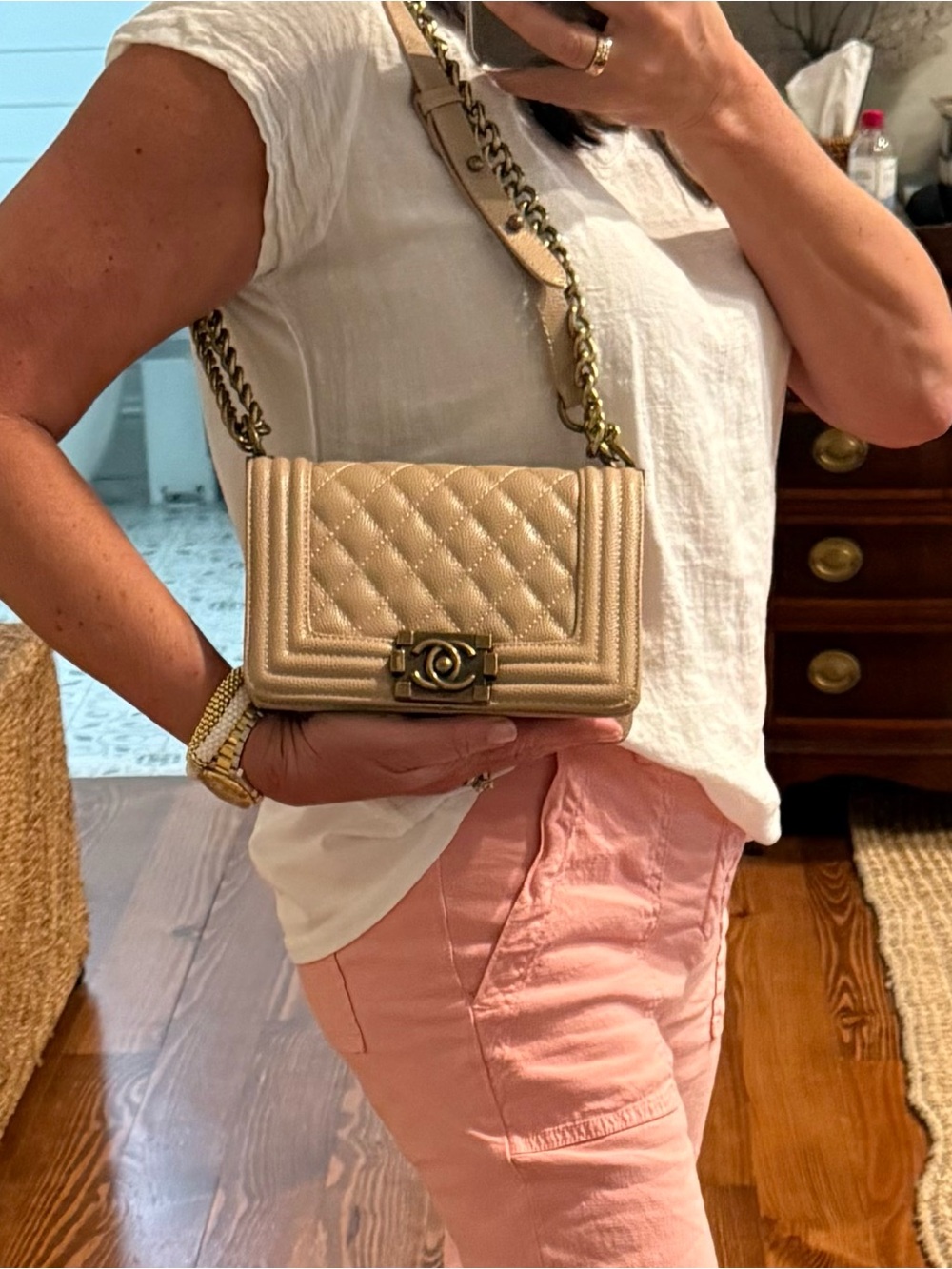 Beige Quilted Leather Boy Shoulder Bag with Gold Chain - Picture 9 of 10